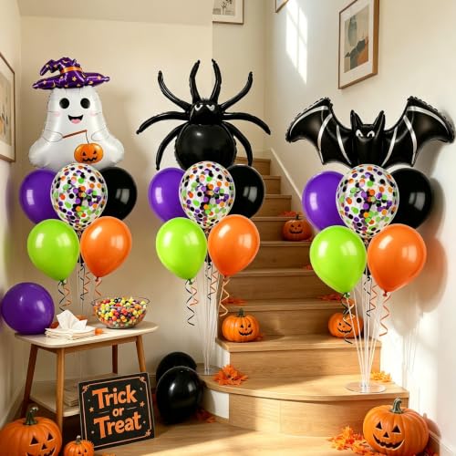 Image of 6 Sets Halloween Ghost Spider Bat Foil Balloon Stand Kits for Table Decor | Halloween Orange Black Green Purple Confetti Balloon for Haunted House Spooky Trick or Treat Party Table Centerpiece Supplies