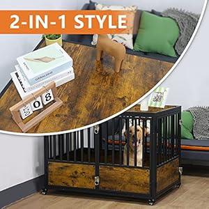 Dog Crate Furniture 44 Inch Wooden Dog Kennel, Pet Crates End Table with 2 Doors, Dog Cage Indoor with 4 Lockable Wheels for Medium and Large Dogs, Rustic Brown Dog Crate Furniture 44 Inch Wooden Dog Kennel Pet Crates End Table with 2 Doors Dog Cage Indoor with 4 Lockable Wheels for Medium and Large Dogs Rustic Brown