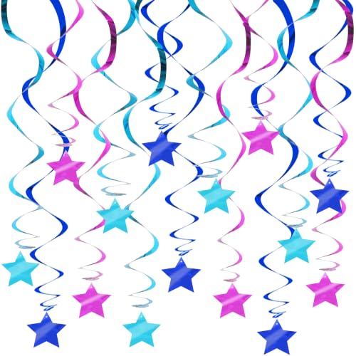 Image of BEISHID Blue Purple Pre-Strung Stars Hanging Swirls Stars Hanging Decorations for Baby Shower Winter Holiday Frozen Birthday Party Decorations Supplies,Pack of 15