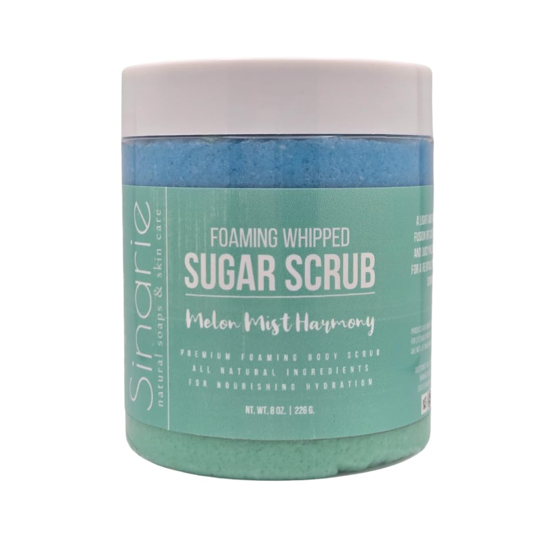 Sinarie Foaming Whipped Sugar Scrub – 8 oz | Gentle Exfoliant with Mango Butter & Coconut Oil for Smooth, Glowing Skin (8 oz., Melon Mist Harmony)