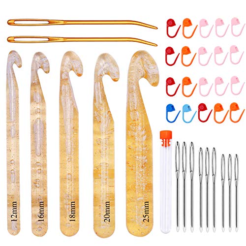 Énorme Jeu De Crochets, 5 Tailles De Grands Crochets De Fil Aiguilles-12mm-25mm, 9 Aiguilles Émoussées À Gros Yeux Avec 20 Marqueurs De Point Et 2 Aiguilles À Tapisserie Pour La Laine Volumineuse Cover