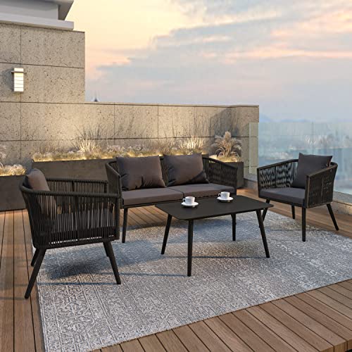 Flash Furniture Kierra 4 Piece Indoor/Outdoor Seating Set - Black Woven Back & Seat - Gray Zippered Removable Cushions - Aluminum Frames - Black Metal Plank Top Table Flash Furniture Kierra 4 Piece Indoor/Outdoor Seating Set - Black Woven Back & Seat - Gray Zippered Removable Cushions - Aluminum Frames - Black Metal Plank Top Table