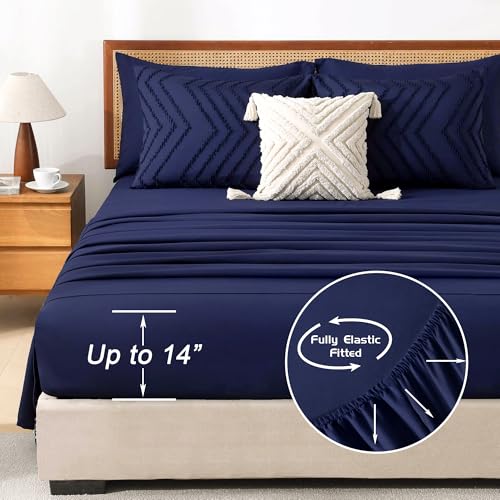 Image of Litanika Super King Size Comforter Set with Sheets Navy Blue - 7 Pieces Bed in a Bag Oversized King Boho Tufted Complete Bedding Sets with Comforter, Sheets, Pillowcases & Shams