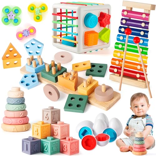Image of 7‑in‑1 Montessori Baby Toys for 6‑12 Months & 1+ Years, Infant Sensory Teething & Stacking Blocks | Wooden Shape Sorter, Xylophone Musical Toy, Birthday Gift for Toddlers 1‑3