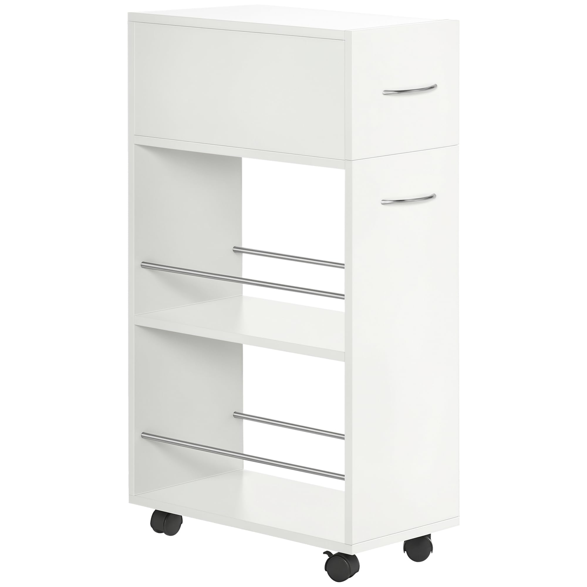 HOMCOM Carrito de Cocina con 1 Cajón, 2 Estantes, Ruedas 25x50x85 cm Blanco | Carrito Verdulero, Carro Auxiliar, Estantes Abiertos, Comedor, Salón, Baño