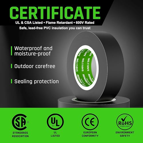 Image of Electrical Tape 3 /4 in x 66ft Black10-Pack Industrial Grade Vinyl Tape | 0.75 in x 66 FT High Temp Electric Tape Under 600V for All Weather - UV Protection - Flame Retardant