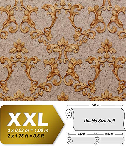 Papel pintado barroco EDEM 9085-26 papel pintado vinílico estampado en caliente con dorso textil gofrado con ornamentos florales 3D efecto satinado beige beige-agrisado amarillo arena oro 10,65 m2