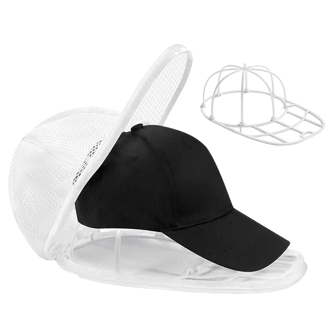 Kit Lavaggio Cappelli da Baseball: 1 Borsa a Rete Protettiva + 1 Supporto Pieghevole, Gabbia Lavacappelli per Lavatrice e Lavastoviglie, Protezione Anti-deformazione