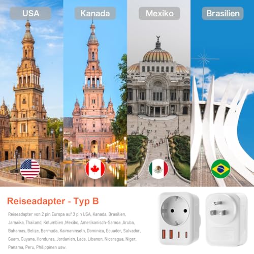 USA Adapter Steckdose, 5-In-1 Adapter USA Deutschland Stecker mit 1 AC 2 USB-C 2 USB-A (3.4A), EU to US Reiseadapter für Amerika Kanada Thailand Mexiko (White/Typ B)