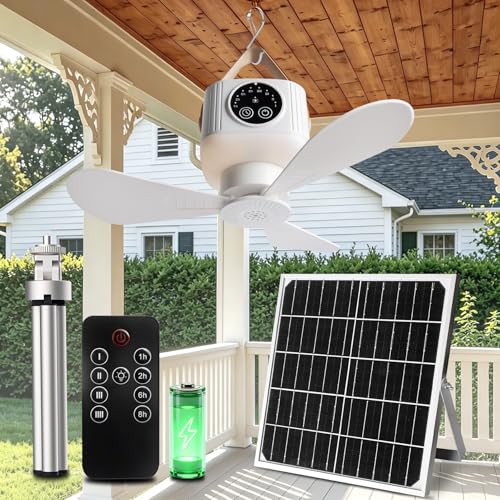 New Solar Ceiling Fan Light, Solar Powered Panel and Portable Camping Fan Light with 7500mAh Battery Remote Control, Rechargeable Gazebo Fan for Patios,Shed, Greenhouse, RVs,Canopy, Chicken Coop - image 1