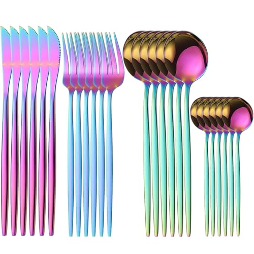 Image of 24-Piece Flatware Set, Stainless Steel Knife Fork Spoon, Home Dinnerware Tableware Set for 6,Stainless Steel Cutlery Set for Home, Kitchen, Restaurant, Utensils (Rainbow)