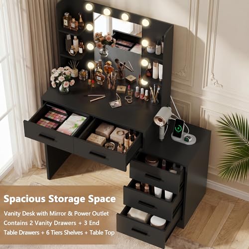 Image of Furmax Makeup Vanity Desk with Mirror and Power Outlet, Vanity with 3 Color Light Options Adjustable Brightness, Vanity Table with 5 Drawers, 6 Storage Shelves, Nightstands (Black)