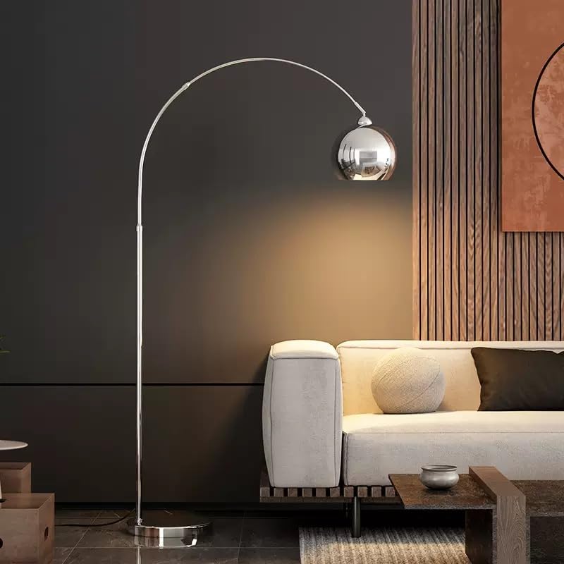 Sekcrlaumix Modern Arc Floor Lamp with Chrome Dome Shade Height Adjustable 59-74in for Living Room Bedroom Study Office Industrial Style Decorative Lights (Sliver)