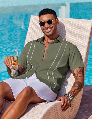 Image of COOFANDY Mens Cuban Guayabera Shirt Short Sleeve Button Down Shirts Summer Beach Vacation Shirts