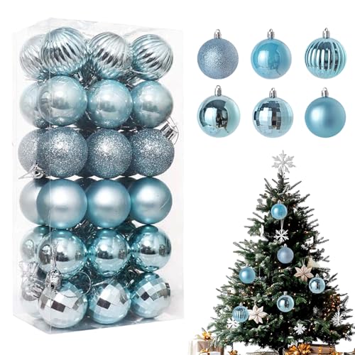 KLINNA 36 peças de decoração de Natal para árvore de Natal - bolas de Natal de plástico | conjunto de ornamentos de 4 cm em mate e brilhante, bolas de Natal inquebráveis (azul claro)