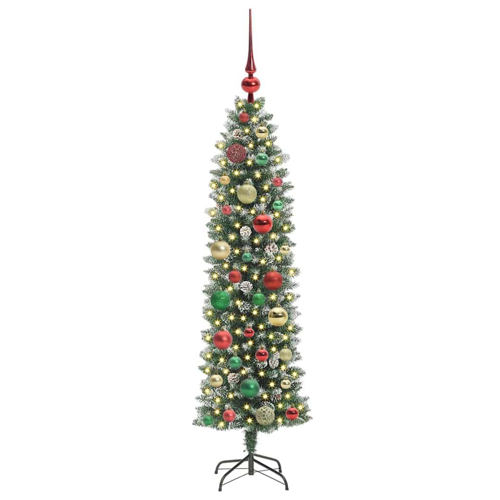 Albero di Natale artificiale sottile verde e bianco 120 cm con 183 punte in PVC, 150 luci LED bianco caldo, 8 modalità di funzionamento USB, per interni, decorazione festiva