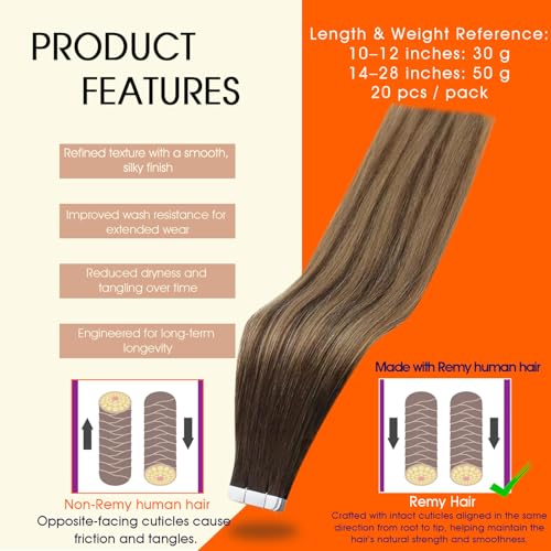 Image of Full Shine Tape in extensions 22Inch Tape ins Human Hair extensions 50Gram Color 2 Dark Brown Ombre 27 Caramel Blonde And 3 Brown Invisible Human Hair Straight Skin Weft 20Pcs Seamless Remy Extension