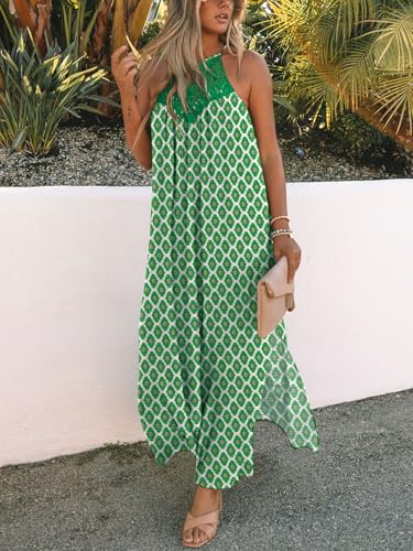 Image of FARORO Sleeveless Long Dress for Women Boho Halter Maxi Sundress Casual Loose Dresses Split Cover Up Gown with Pockets