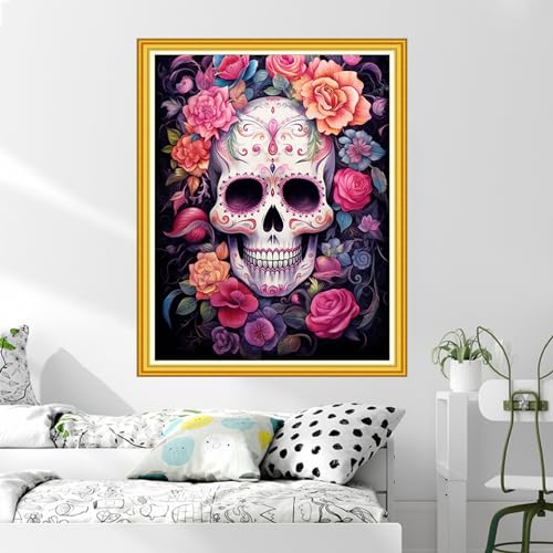 Image of DMCVIVR Stamped Cross Stitch Kits for Beginners Adults Needlepoint Kits for Beginners Embroidery Kits for Adults Crossstitch Kit for Beginners 11CT-Magic Skull 16x20 inch