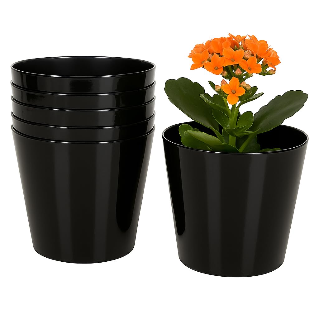 Home Garden Ornaments Plant Pots Indoor 6pcs Glossy Decorative Plastic Flower Pots, Vibrant Decorative Pots (Black, 25 cm / 9.8 in)