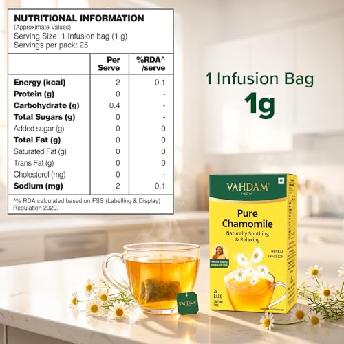 Image of VAHDAM Pure Chamomile | 100% Chamomile Flowers | Naturally Soothing & Relaxing | Bedtime Herbal Infusion | Caffeine Free | Non-Bitter | 25 Tea Bags