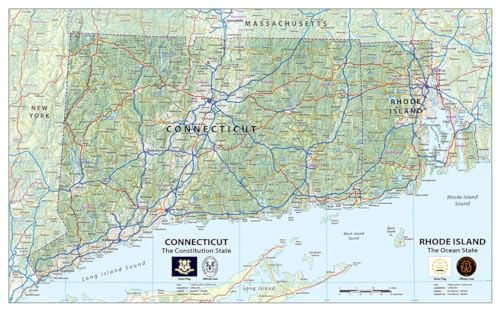 Physical State Poster Map of Rhode Island and Connecticut - 23.3 x 16.5 Inches - Paper Laminated