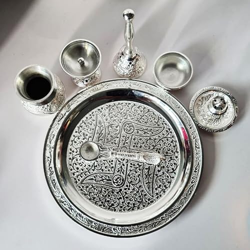 Image of Silver Plated Pooja Thali Set with Custom Name Box | 7-Piece Premium Religious Gift | Ideal for Corporate & Employee Gifting, Diwali, Housewarming & Every Festive Occasions (10 inch)