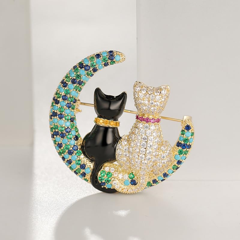 Image of Rhinestone Couple Cats on the Moon Brooch Pin for Women Men Vintage Lapel Pins Funny Statement Cute Kitty Crystal Turquoise Animal Kitten Crescent Brooches Christmas Birthday Jewelry Gift Unisex