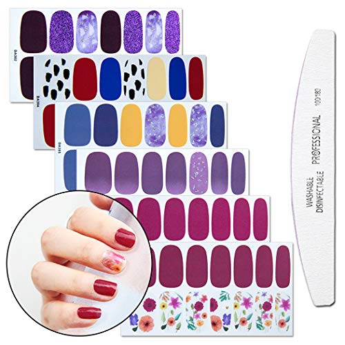 WOKOTO 6 Sheets Full Wraps Nail Polish Stickers Strips Set with 1Pc Nail File Purple Gradient Adhesive Nail Art Decals Manicure Kit for Women