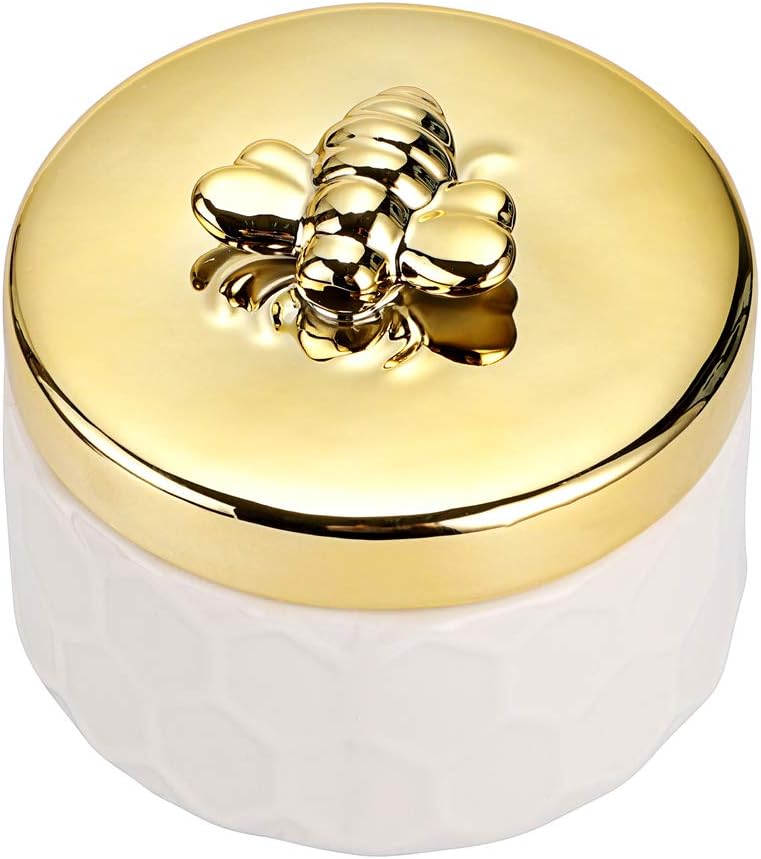 Hipiwe Ceramics Jewelry Box with Golden Bee Lid - Small Jewelry Display Organizer Holder Trinket Storage Tank Container for Home Decor,Gift for Girls Women