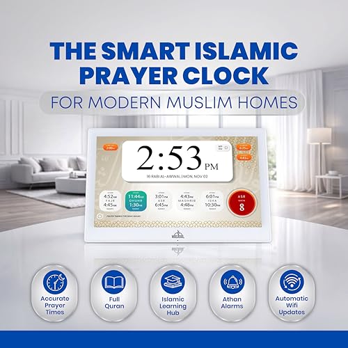 Masjidal 14" Smart WiFi Digital Azan Clock & Islamic Prayer Frame – Automatic Worldwide Prayer & Iqamah Times, Full Quran Player, Athan Alarm, Ramadan Clock, Touchscreen Muslim Home Display, White by Masjidal - Image 2