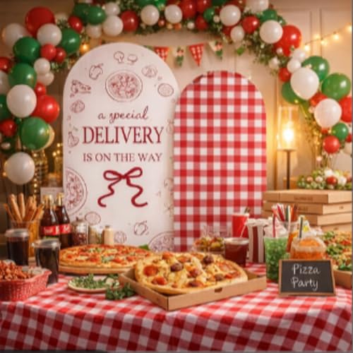 Moukeren 2 Pack Special Delivery Pizza Baby Shower Arch Backdrop Cover 6ft and 7.2ft for Slice Slice Baby Welcome Themed Party Gender Reveal Birthday Party Banquet Photo Arches Background Decorations by Moukeren - Used condition - Image 5