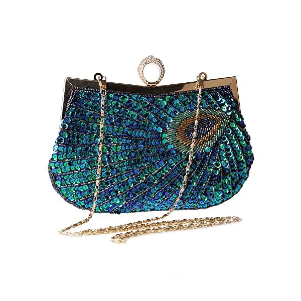 ASPHODELCHIC Peacock Clutch Bag Sequins Beaded Evening Purse for Wedding Cocktail Prom Party, Peacock, Middle