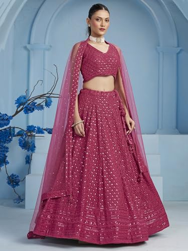 Image of Zeel Clothing Women's Sequins Thread Embroidered Georgette Lehenga Choli With Dupatta (5124-Women-Lehenga-Choli-New; Free size)