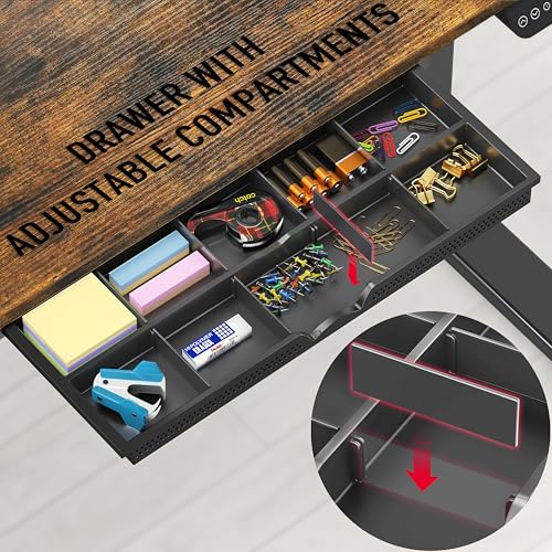 Image of SHW 55 x 28 Inches Electric Height Adjustable Standing Desk with Drawer and Memory Preset, Rustic Brown