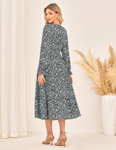 GRACE KARIN Women's Floral Maxi Dress 2025 Fall Long Sleeve Flowy V Neck A Line Dress Smocked Long Dresses with Pockets4