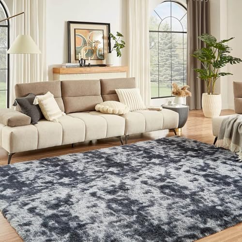 Floralux 9x12 Shag Rug for Living Room, Tie-Dyed Dark Grey, Soft Area Rugs for Bedroom, Large Fluffy Shaggy Carpets