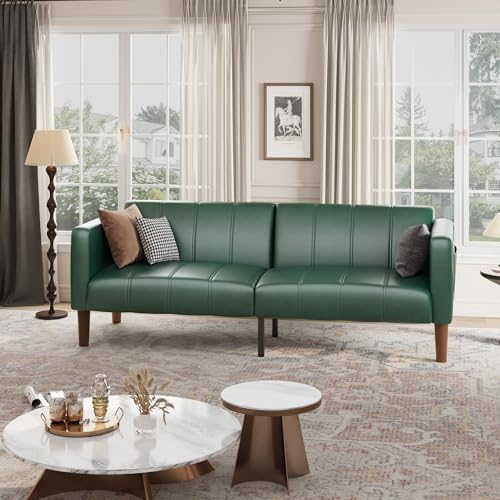 Image of GarveeHome Futon Sofa Bed, 75-Inch Modern Faux Leather Convertible Couch, Mid-Century Loveseat for Small Space, Living Room, Bedroom, Green