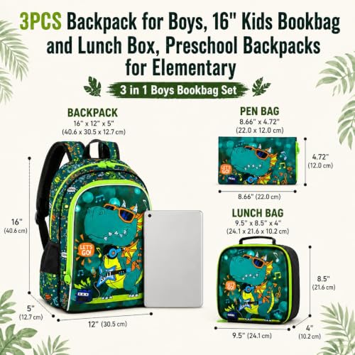 Image of Boys Backpack, 16 inch Dinosaur Kids Bookbag with Lunch Box, 3Pcs Dino School Backpacks for Elementary Preschool Kindergarten (Green)