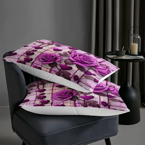 Image of AILONEN Purple Rose Comforter Set Full Size for Girls Women,Romantic Hearts Bedding Set for Bedroom Decor,3-Piece Cute Floral Quilt with 2 Pillowcases