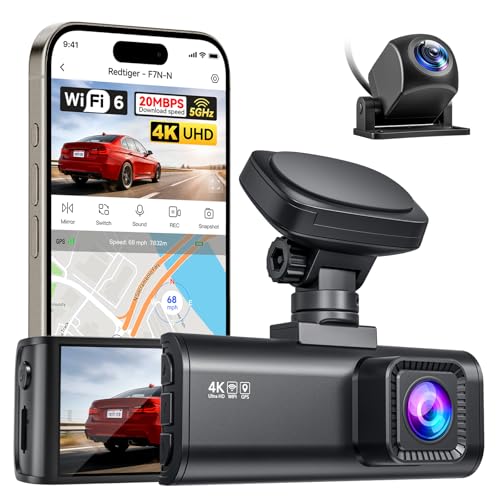 REDTIGER F7N-N Dashcam Voiture 4K Avant Arrière, WiFi 5.8GHz 20 MB/s avec App, Caméra Embarquée 2160P/FHD, GPS Précis, WDR, Écran 3,18", Vision Nocturne, Mode Stationnement 24H (sans Carte)