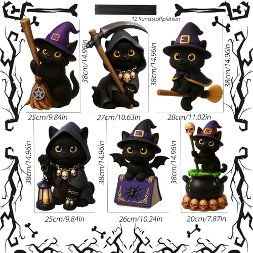 ILMFMY Halloween Gartendeko – 6er Set Schwarze Katzen Figuren mit Hexenhut, Besen, Sichel & Flügel, wetterfest & wiederverwendbar, Outdoor Gruseldeko für Garten, Terrasse, Rasen & Party