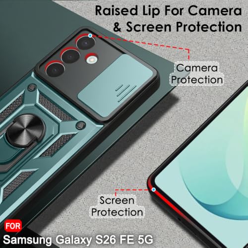 Image of TheGiftKart Tough Armor Bumper Back Cover Case for Samsung Galaxy S26 FE 5G | Sliding Camera Cover, KickStand & Ring Holder | 360 Degree Protection Back Cover Case for Samsung S26 FE (PC & TPU, Green)