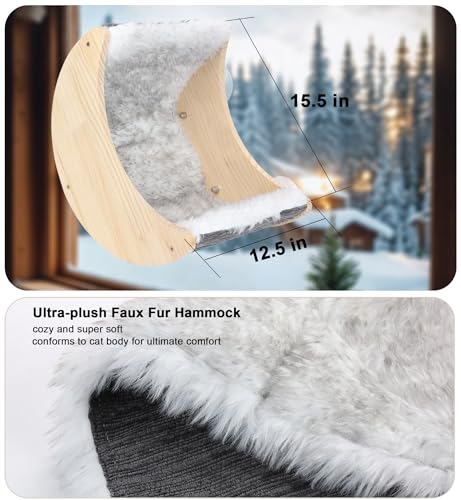 Image of Cat Window Perch, Plywood Moon Bed with 4 Heavy-Duty Suction Cups | Ultra Plush Faux Wool Fur,Window-Mounted, Drill-Free, Up to 40 lb Support, For Small to Medium Cats, Machine-Washable Pad