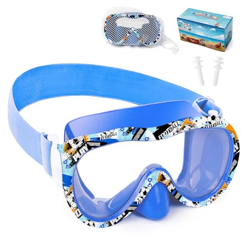 Kids Swim Goggles, Anti-Leak Snork Mask Diving Mask with Nose Cover & Elastic Fabric Strap, UV Protection Swimming Goggles with Mesh Bag & Ear Plugs for Kids Boys Girls (Blue Football)