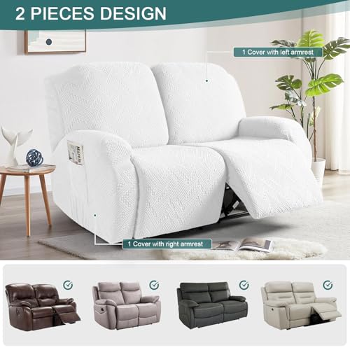 Image of Ruaozz Recliner Sofa Covers Recliner Chair Covers Extra Wide Loveseat Recliner Slipcovers with Pockets Washable Furniture Protector with Elastic Bottom (2 Seater-X Large, Ivory)