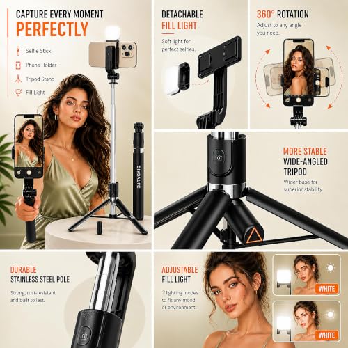Image of CIRYCASE Selfie Stick Tripod with Light, 67 inch /170CM Reinforced Tripod for Mobile Phone, Multi-Functional Bluetooth Long Selfie Stick for Travel,Vlogging,Compatible with iPhone and All Phones