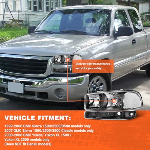 Image of for 1999-2006 GMC Sierra /Yukon Headlights Assembly | OE 15850351 /15850352,Halogen,W /O bulbs,IP67,Plug & Play,Chrome Pair