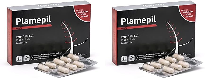 Plameca Plamepil Forte Mantén tu Cabello, Piel y Uñas con Serenoa Repens, L-Cisteína y Biotina, Sin Gluten, 30 Cápsulas Vegetales (Paquete de 2)
