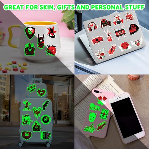 Image of Glow in the Dark Rock and Roll Temporary Tattoos for Kids, 96 PCS Pre-Cut | Luminous Super Cute Themed Birthday Party Favors Supplies Decorations, Music Fake Tattoos Gifts for Boys Girls